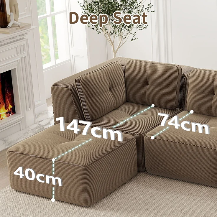 U-förmiges Sofa mit 1 Fußhocker mit Cordbezug und beweglicher Fußauflage, rahmenfreie Lounge-Couch mit breiten Armlehnen ohne Montage, Braun – Bild 24