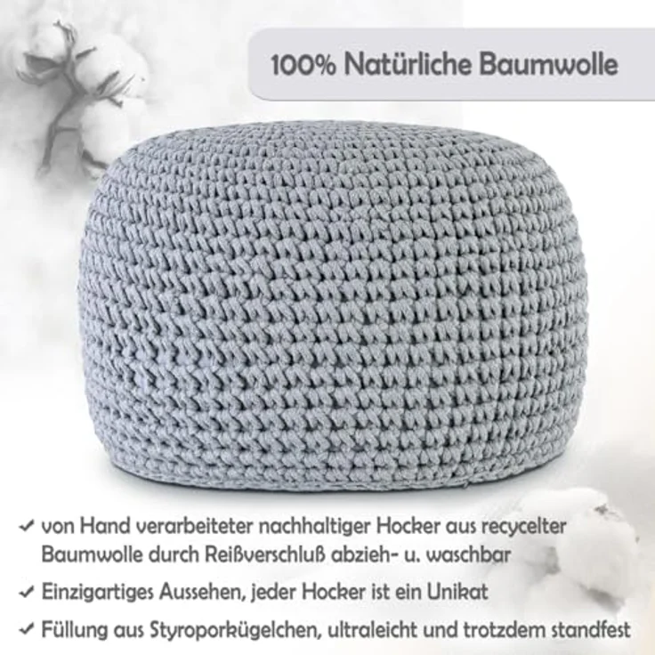 Amagohome Sitzhocker Bodenkissen Pouf Ø55 H37 Mohar Sitzhocker Sitzpouf waschbar nachfüllba, Bezug abnehmbar u. bei 30° Feinwäsche waschbar! – Bild 3