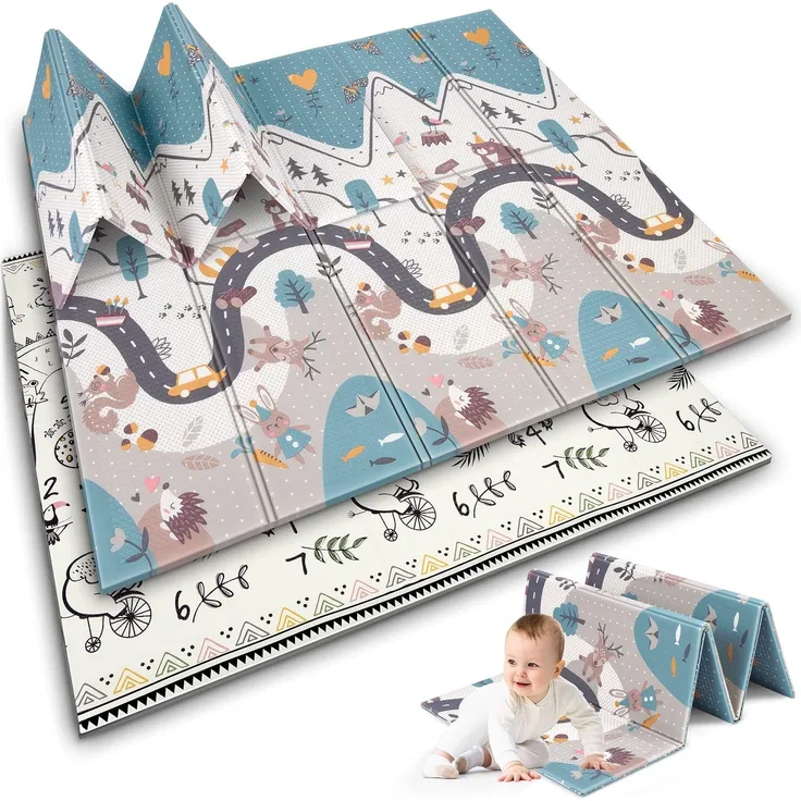 NUKIDO Baby-Schaumstoffmatte Doppelseitig Niedlich Buntes Design zum Spielen Krabbeln Ideal als Geschenk Rollbar Dicke 1 cm Größe 200x180 cm NK-340