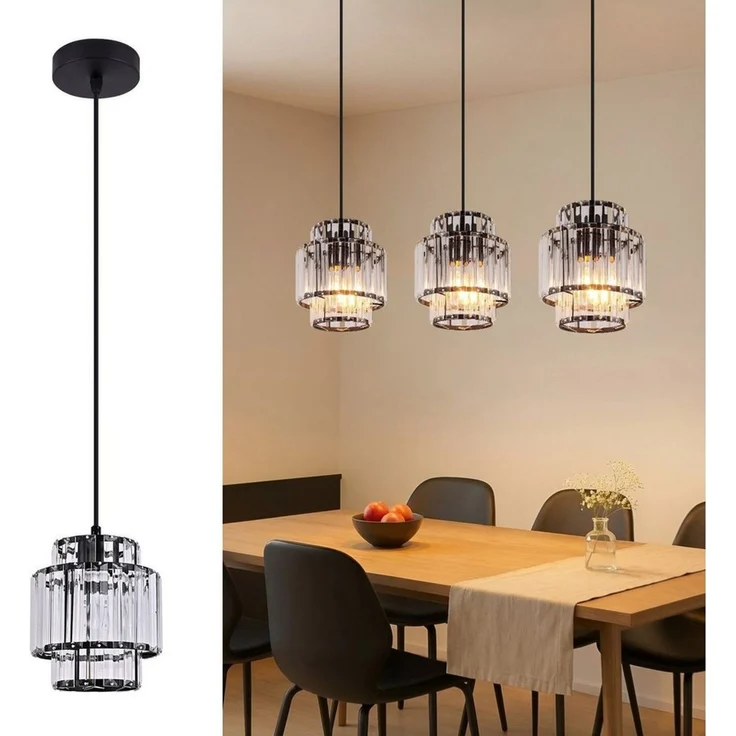 ZMH Pendelleuchte Esstisch 1-flammig, schwarze Hängeleuchte mit Kristallglas, E27, ohne Leuchtmittel, bis 143 cm höhenverstellbar, Modern Pendellampe für Küche & Esszimmer – Bild 2