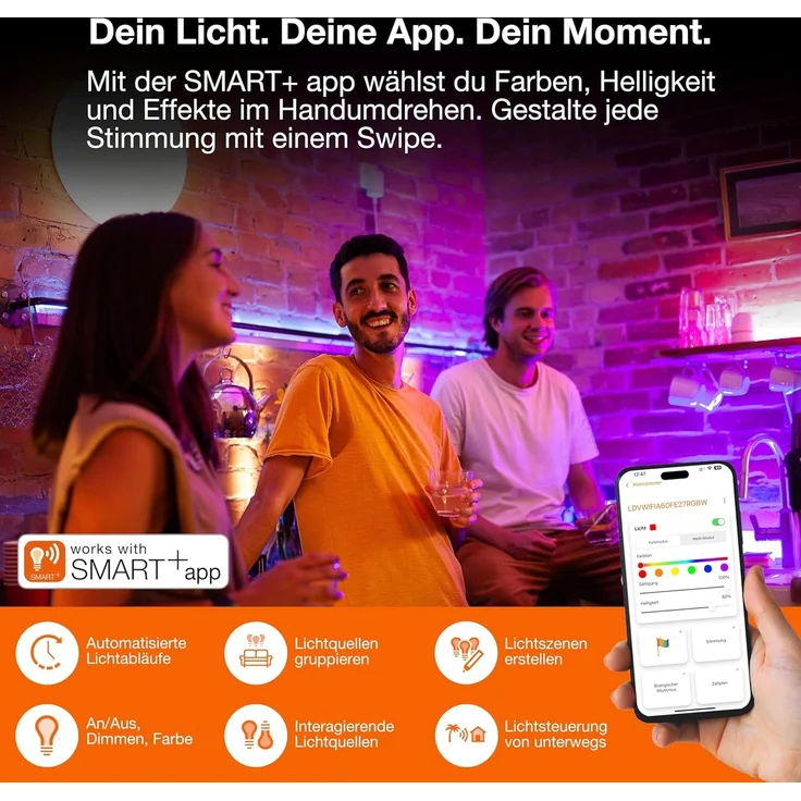 OSRAM SMART + WIFI PLANON MAGIC LED Panelleuchte, weiß, 36W, 3600lm, Weißlichtfunktion, dimmbar, dynamischer Magic-RGB Lichteffekt, lange Lebensdauer, App-steuerbar, einfache Montage, 2700-6500K – Bild 5