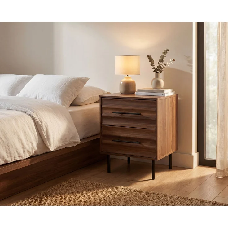 Nachtkonsole >Falun< in Dekor Nussbaum 3D-Fronten in Wellenoptik - 40x55x39cm (BxHxT) – Bild 2