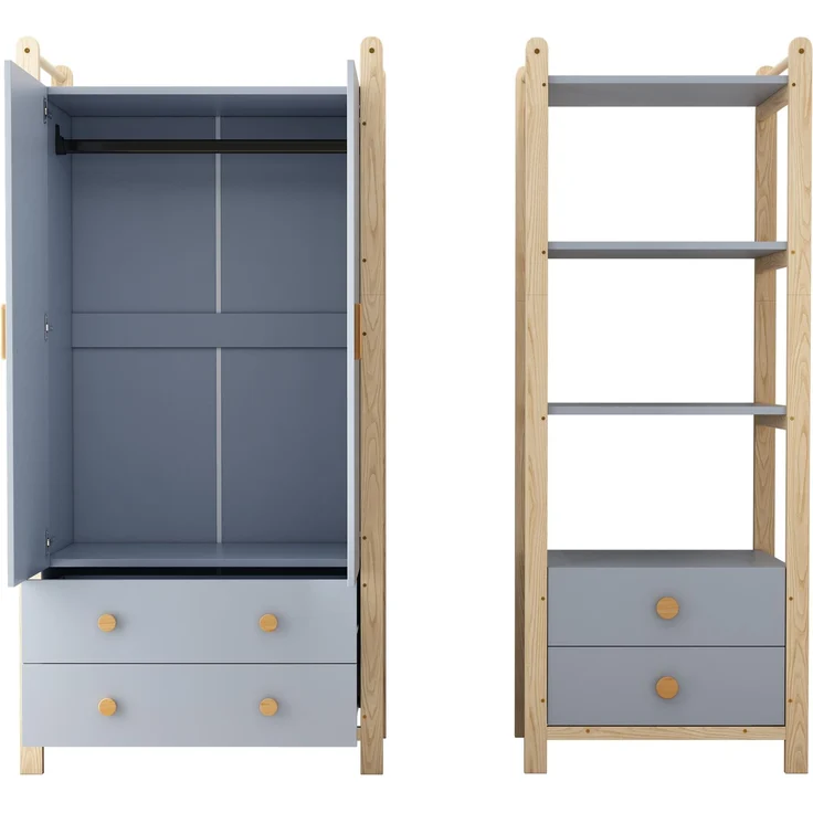 Doppelklappengarderobe, Kombinationsgarderobenset, Garderobe + Regal, Kinderzimmer-Set, Kombinationsmöbel, mit Kleiderstange und Schubladen, Fichtenrahmen, Farbkombination Blau + Naturholz, Höhe 180cm – Bild 4