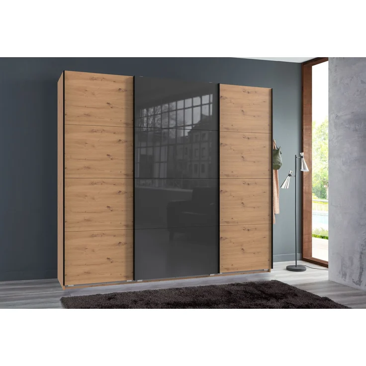 Schwebetürenschrank Kleiderschrank B225 cm extra H236 cm 3-trg. Eiche Artisan Dekor, 1x Tür Glas Grau – Bild 3