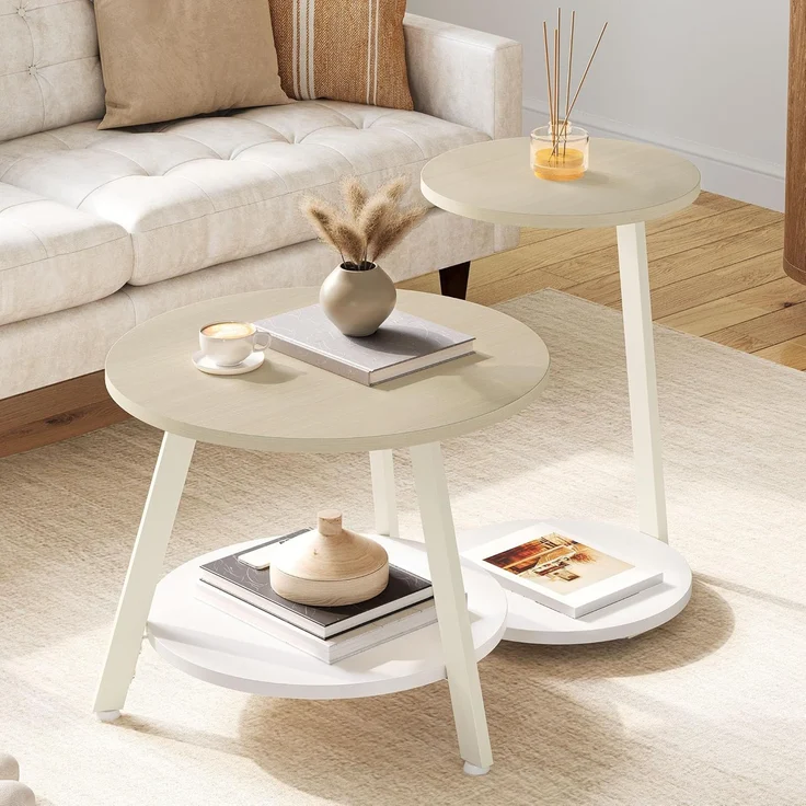 YITAHOME 2er Set Couchtisch Set Rund, Wohnzimmertisch mit Stauraum, Beistelltisch 2er Set Stapelbar mit Holzplatte und Metallrahmen, C-förmiger Beistelltisch, Couch Tisch Wohnzimmer, Eiche – Bild 9