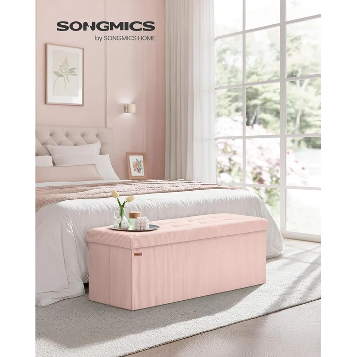 SONGMICS Sitzhocker mit Stauraum, klappbare Sitzbank, 38 x 110 x 38 cm Fußbank, Bettbank, Aufbewahrungsbox, bis 300 kg belastbar, Wohnzimmer, Schlafzimmer, Eingangsbereich, pastellrosa – Bild 2