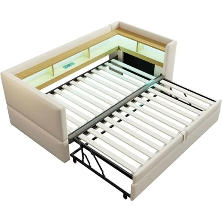 Ball & Cast Polsterbett Ausziehbares Schlafsofa 90/180 * 190cm, ausgestattet mit LED Leuchten, Steckdosen und vielen Ablagefächern, Polsterbett, Multifunktionsschlafsofa, Einzelbett, Beige – Bild 6