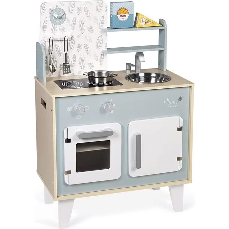 Janod - Küche ‘Plume’ - Kinderküche aus Holz mit Backofen, Edelstahlspüle, Schrank, Induktionskochplatten und Uhr - Spielküche mit 5 Zubehörteilen - Ab 3 Jahren, J06608