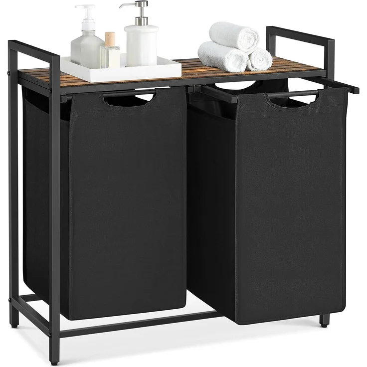 VASAGLE Wäschekorb 2 Fächer, Wäschesammler mit Ablage, Wäschebox, Wäschesack aus Oxford-Gewebe ausziehbar abnehmbar, Metallrahmen, 2 x 46 L, 73 x 33 x 72 cm, vintagebraun-schwarz BLH201B01 – Bild 9