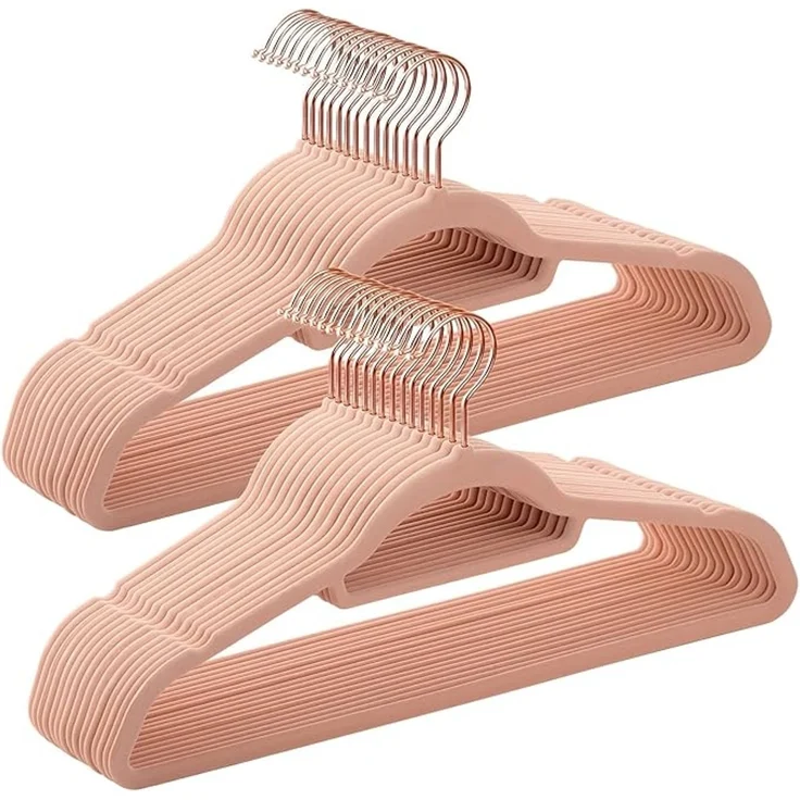SONGMICS Kleiderbügel Samt, 30er Set, Bügel, rutschfest, kleine Stange für Krawatten, 360° drehbarer Haken, 0,6 cm dick, platzsparend, 43,5 cm lang, für Mäntel, Hosen, Roségold-Hellrosa – Bild 1