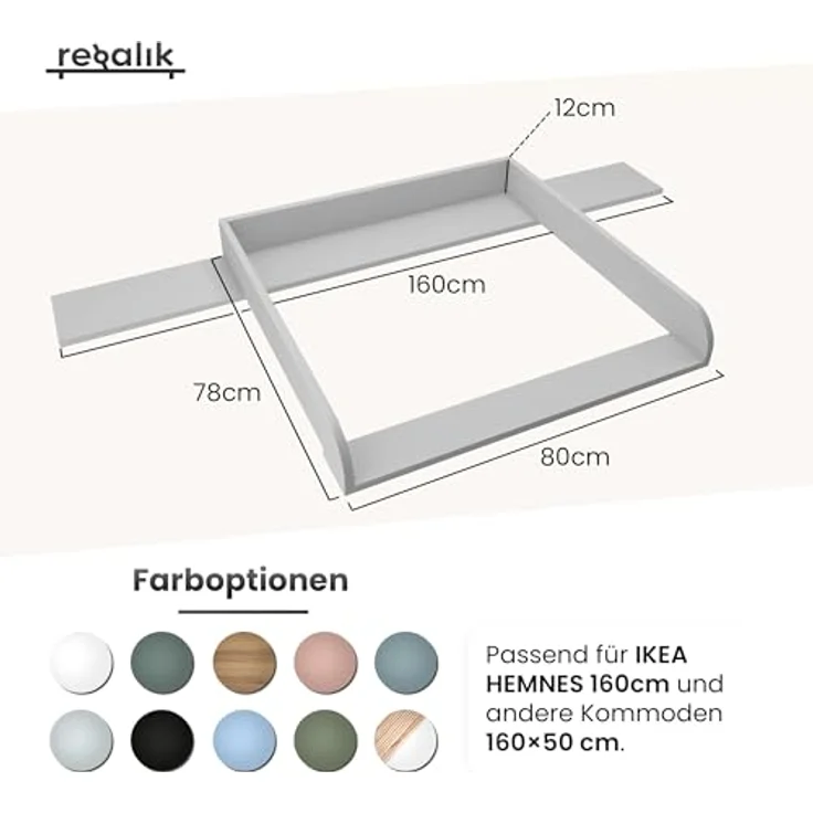 regalik Wickelaufsatz mit Platte für Hemnes von IKEA, Wickeltischaufsatz für 50x160 cm Kommoden, Abnehmbar Wickelkommode aufsatz, Abgerundeten Frontplatten, Graphite, 2 mm ABS-Material – Bild 3