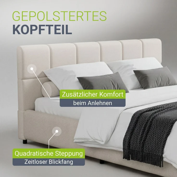 Juskys Polsterbett Florenz 180 x 200 cm – Bouclé, modernes Bett mit Kopf- & Fußteil, stabilem Holz- & Metallrahmen, Lattenrost, 500 kg Tragkraft – Creme – Bild 5