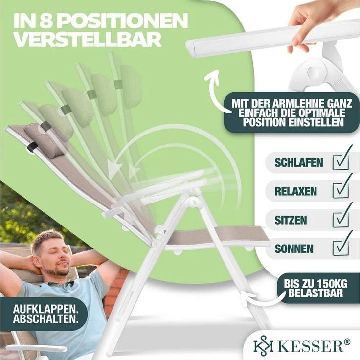 KESSER® Gartenstuhl Hochlehner mit Armlehnen, Aluminium Klappstuhl inkl. Kopfkissen Campingstuhl 7-Fach Verstellbar Rückenlehne, Atmungsaktiv & Wetterfest, Klappbar & Anti-Rutsch 4 Stück, Taupe, 67cm x 58cm x 114cm – Bild 3