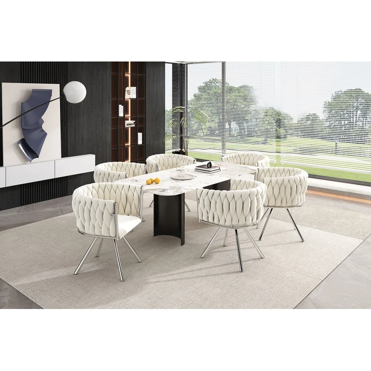 Merax Samt-Esszimmerstuhl, 2er set, Schlafzimmer-Drehstuhl, 360° drehbar Freizeit-Drehstuhl mit vier Stützbeinen aus Metall, beige+Silber – Bild 9