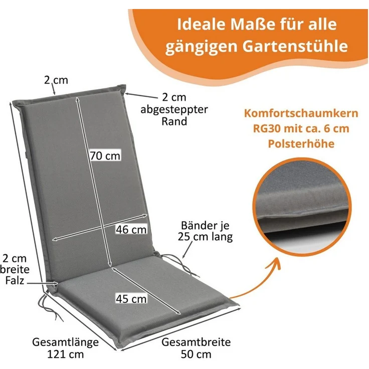 sleepling Hochlehnerauflage Polsterauflage Hochlehner, (4 St, 2er-Set), Polster für Gartenmöbel, Ökotex, Eckbänder und Einstellband – Bild 3