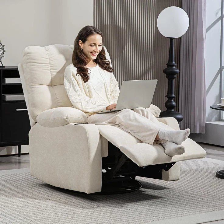 HOMCOM Relaxsessel Fernsehsessel mit Liegefunktion, Schaukelfunktion (Drehbar TV-Sessel mit Fußstütze, 1-St, Taschenfederkern, Becherhalter), für Wohnzimmer, Beige – Bild 8