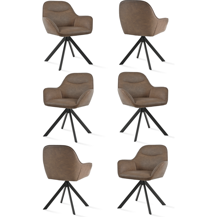 GOEURVANT 1370 Esszimmerstühle 6er-Set mit Armlehnen, 360° Drehbar, Kunstleder - Dunkelbraun