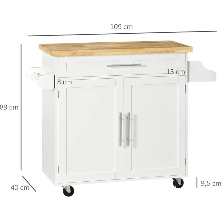HOMCOM Servierwagen Küchenwagen mit Gewürzregal, Handtuchhalter, Arbeitsplatte, (Rollwagen, 1 St, Küchentrolley), für Wohnzimmer Esszimmer Weiß 109 x 40 x 89 cm – Bild 5