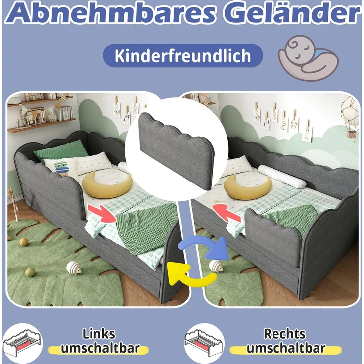 EINHOM Polsterbett Daybett 90 x 190 cm, Tagesbett Schlafsofa mit Ausziehbett 90 x 190 cm, Kinderbett mit Lattenrost, Leinen, Grau, (Ohne Matratze) – Bild 3