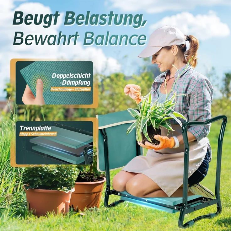 Sekey Höhenverstellbare Kniebank für Gartenarbeit Belastbarkeit 160KG, Gartenhocker Klappbar mit Werkzeugtaschen, Kniehilfe für Gartenarbeiten 60 * 50 * 28 cm, Grün (Standard) – Bild 3