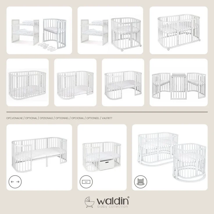 Waldin Babybett Oval 7in1 mitwachsend, Beistellbett, Matratze, Rollen, Buche, Weiß – Bild 2