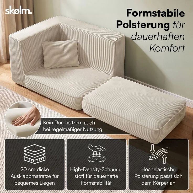 skølm 'Ránar' Ecksessel mit Liegefunktion und 1 Kissen, Sessel ausklappbar, vakuumverpackt ohne Aufbau, beige aus Cord – Bild 3