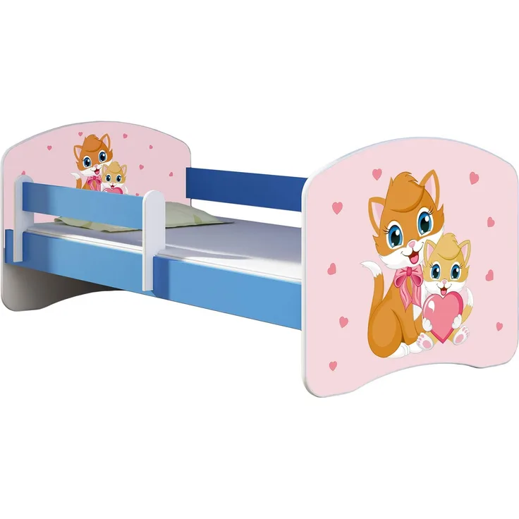 ACMA Kinderbett 160x80 cm Blau mit Matratze & Lattenrost – Jugendbett ab 3 Jahren mit Rausfallschutz, personalisiertes Motiv 33 Miezekatzen, stabiles Kinderbett für Kinderzimmer, belastbar bis 120 kg