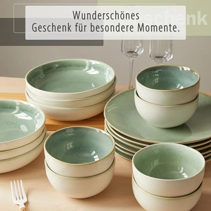 JIWOO Geschirr-Set 16er Kombiservice Teller-Set Tafelservice Schüssel-Set Speiseteller (16-tlg), 4 Personen, Keramik, Hochwertiges Geschirr set Grün Mikrowellen spülmaschinenfest – Bild 8