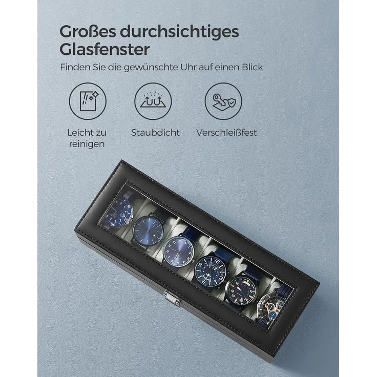 Songmics Uhrenbox für 6 Uhren, Uhrenkasten mit Glasdeckel, Uhrenkissen aus Samt, Uhrenkoffer mit Schloss, 11,2 x 30 x 8 cm, Geschenkidee, PU-Bezug in Schwarz, Samtfutter in Grau JWB06BK – Bild 4