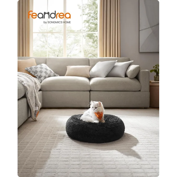 Feandrea Hundebett flauschig, Katzenbett, Donut Kissen, waschbar, Polsterung in der Mitte herausnehmbar, Langer Plüsch, 50 cm Durchmesser, tintenschwarz PGW037B01 – Bild 2