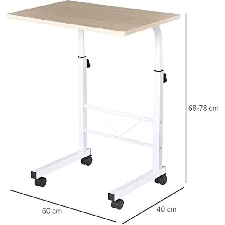 HOMCOM Beistelltisch höhenverstellbarer Couchtisch mit Rädern Feststellbremsen (C-Tische, 1-St, mobiler Endschreibtisch), Spanplatte Stahl Eisen Kunststoff, Weiße Ahornfarbe 60 x 40 x 68-78 – Bild 3