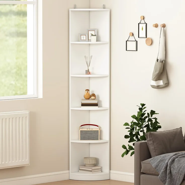 DWVO Eck-Bücherregal mit 5 Ebenen, modernes, freistehendes Regal, offenes Aufbewahrungsregal, Bücherregal für Wohnzimmer, Heimbüro, Schlafzimmer, Arbeitszimmer, Weiß, 30 x 30 x 180 cm