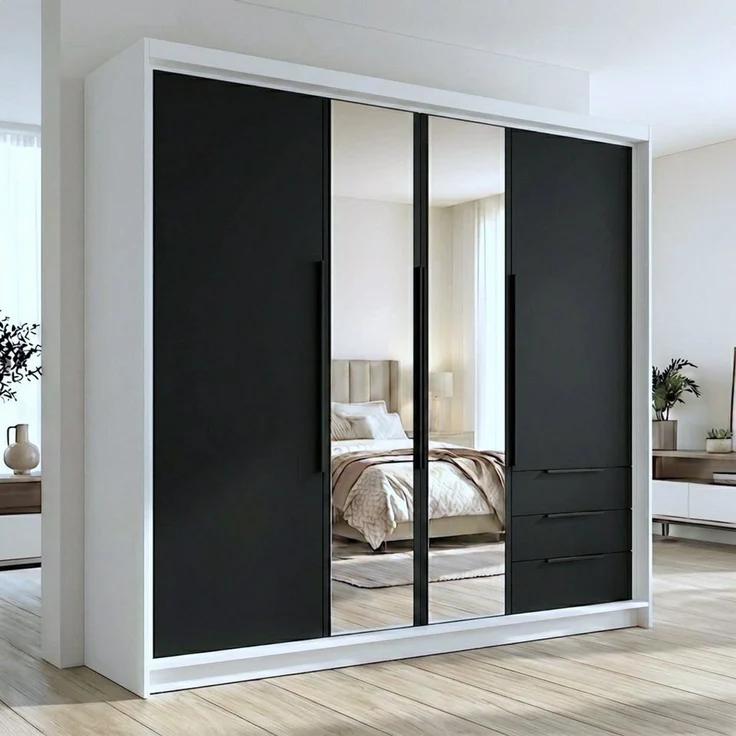 A&J MöbelLand GmbH Drehtürenschrank viertüriger Kleiderschrank mit Schubladen und Metallgriffen. (Geräumiger vier¬türiger Kleiderschrank mit Schubladen und Metallgriffen. Geräumiger Schrank mit einer Breite von 200 cm und Schubladen, ideal zur Aufbewah... – Bild 1