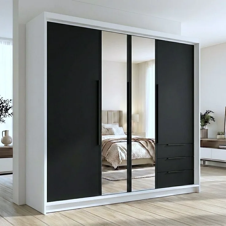 A&J MöbelLand GmbH Drehtürenschrank viertüriger Kleiderschrank mit Schubladen und Metallgriffen. (Geräumiger vier¬türiger Kleiderschrank mit Schubladen und Metallgriffen. Geräumiger Schrank mit einer Breite von 200 cm und Schubladen, ideal zur Aufbewah...