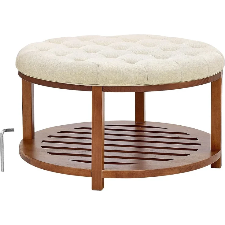 VEVOR runder großer Couchtisch (810 x 810 x 476 mm) mit Ablagefläche aus Massivholz, massiv gepolsterte Ottomane mit Fußstütze aus Leinen für Schlafzimmer Wohnzimmer, 158,76 kg, Leinenfarbe – Bild 9