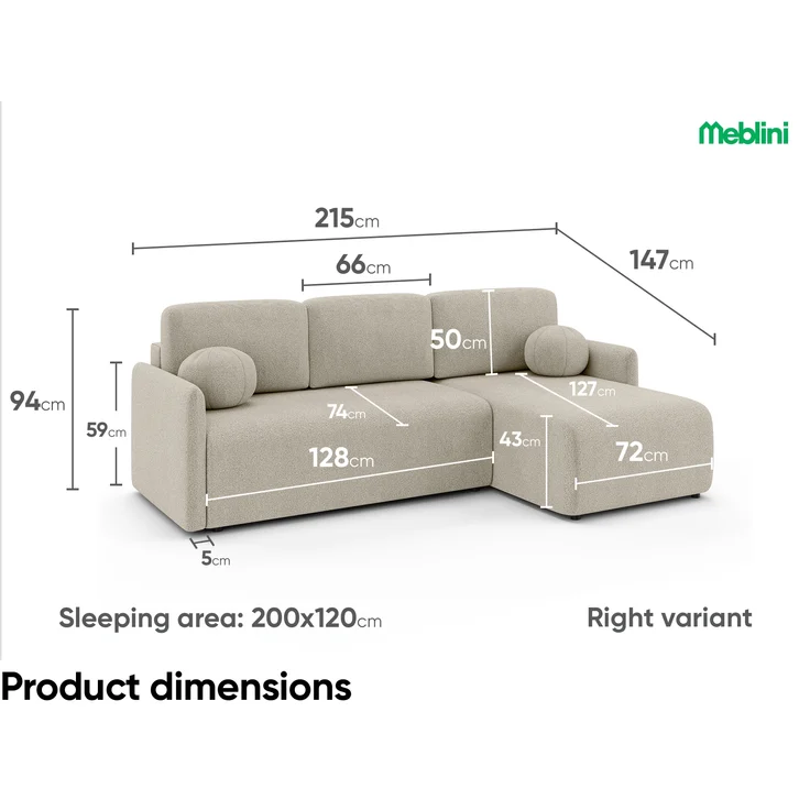 MEBLINI Schlafcouch mit Bettkasten – VESPER – 215x147x94cm – Rechts - Beige Boucle - Kleines Ecksofa mit Schlaffunktion - Sofa mit Relaxfunktion und Kissen - Kleine Couch L-Form – Eckcouch – Bild 7