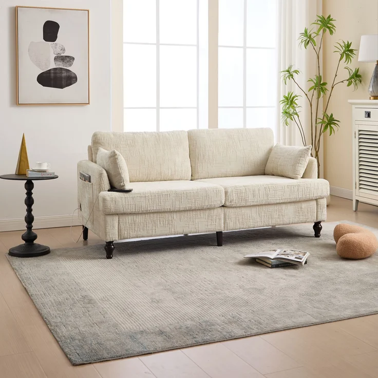 2-sitziges Chenille-Sofa mit USB-Ladeanschluss, LED-Licht und Aufbewahrungstasche in Beige – Bild 4