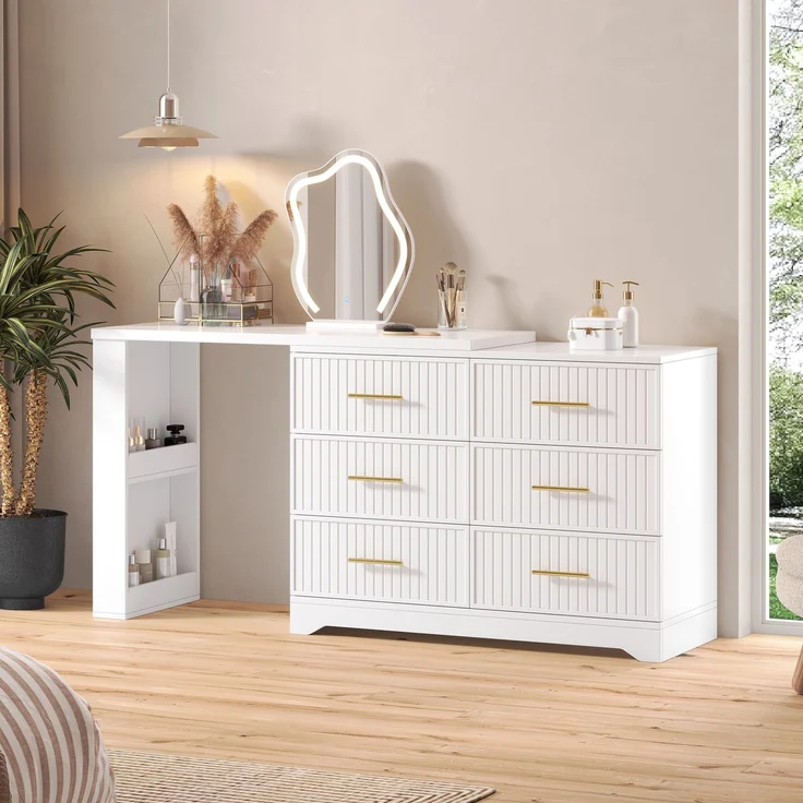 Drehbarer Schminktisch B 110 x T 40 x H 129 cm, längenverstellbar, mit LED-Spiegel und 6 Schubladen – Bild 3