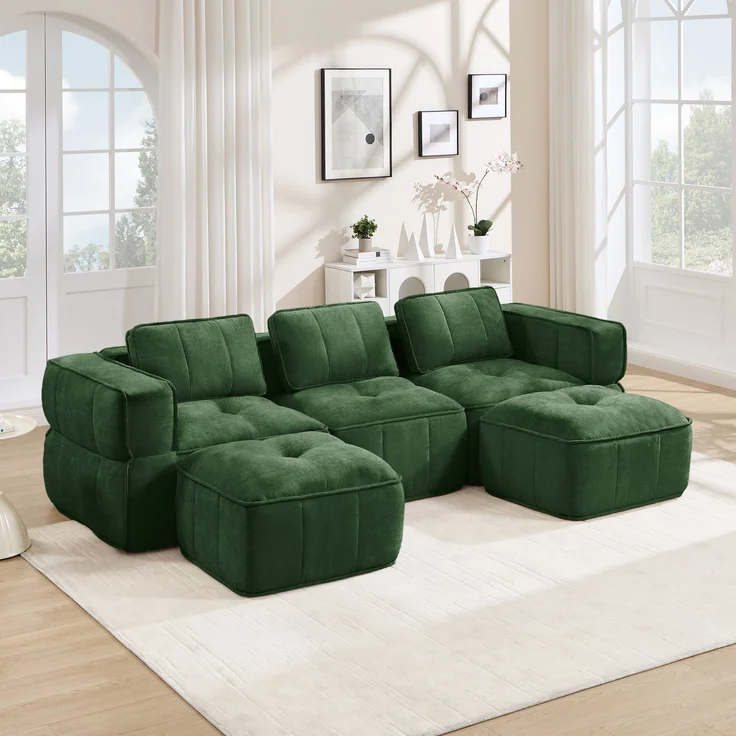EINHOM 3-Sitzer U-förmiges Modulsofa mit 2 Hockern, ohne Gestell, 32D-Hochdichteschaum, tiefe Sitzfläche, hautfreundlicher, weicher Stoff, ideal für Wohnzimmer, keine Montage erforderlich, Grün – Bild 4