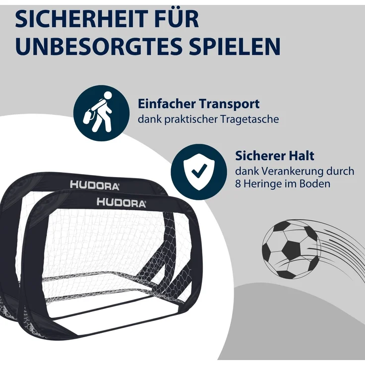 Hudora Pop Up Fußballtor mit Tragetasche, 2er Set, 120x80 cm, Schwarz – Bild 4