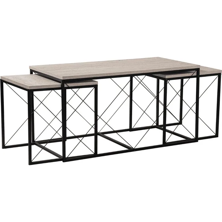 Calicosy Set aus 3 ineinander schiebbaren Couchtischen, Travertin-Dekor und schwarzem Metall L100 cm - DEFNE - Beige