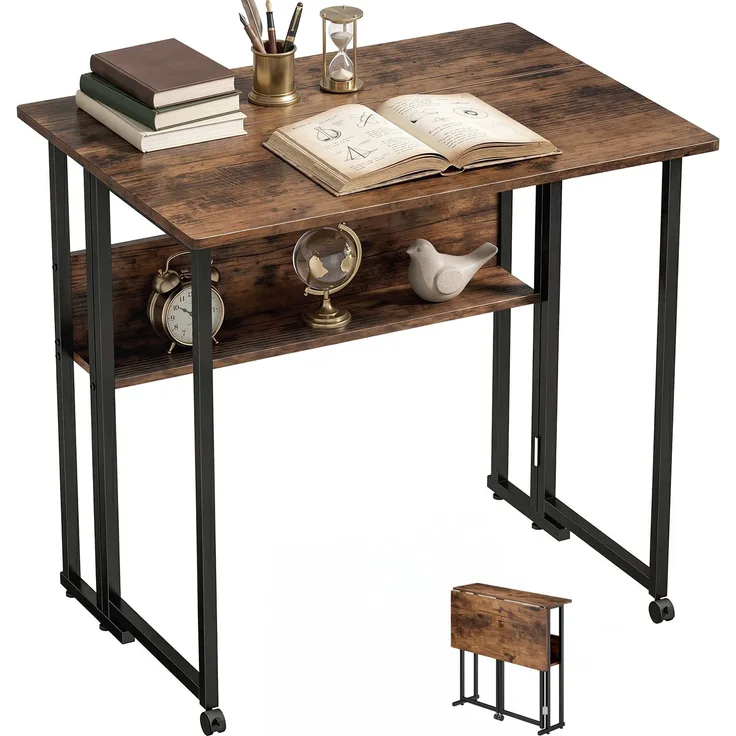 Klappbarer Schreibtisch mit Ablagefach, 80 cm Klapptisch für kleine Räume, Büro, Rustikales Braun--Rustikal-Braun--75x58x80cm--YOUDENOVA