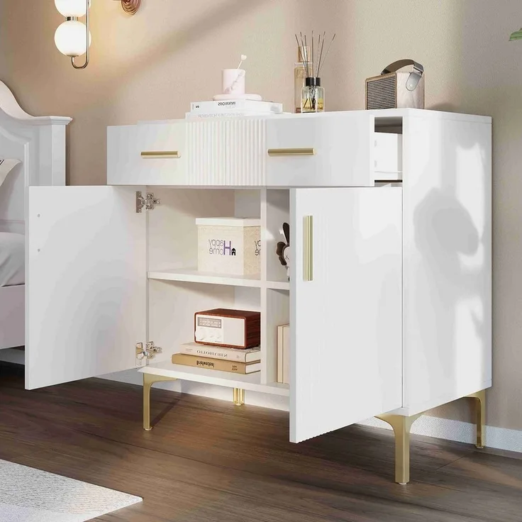 BlingBin Sideboard Moderne Kommode Standschrank (1 St, mit 2 Türen und 2 Schubladen, Goldene Griffe und goldene Füße), B80/D35/H79.5, Weiß, MDF, Flur oder Esszimmer
