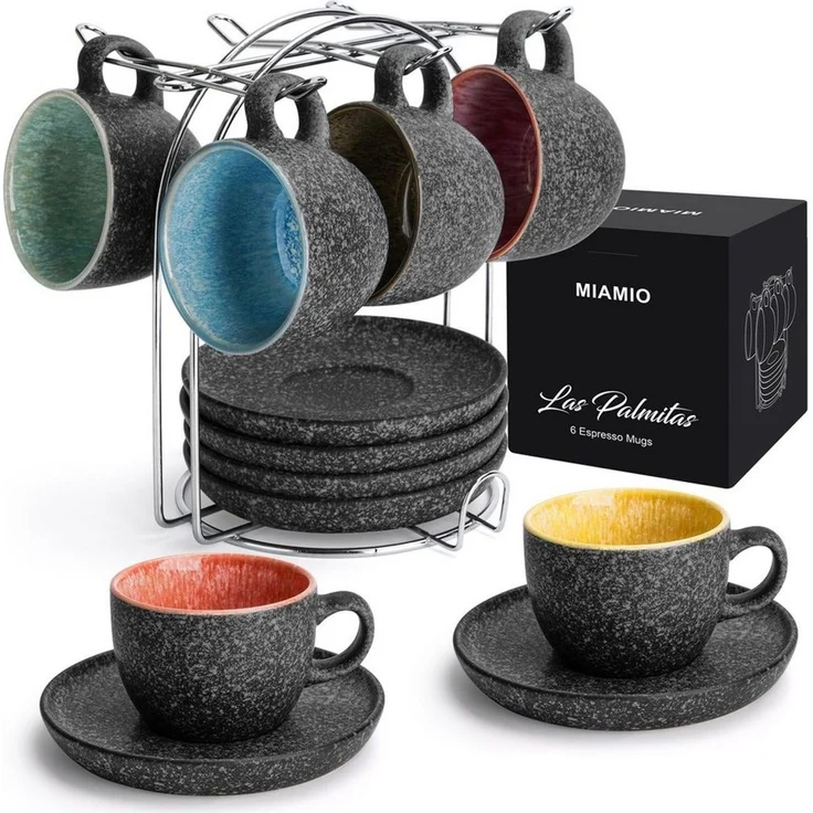 MiaMio Espressotasse Espressotassen Set 6 teilig mit Untertassen & Ständer (6x80 ml), Keramik – Bild 1