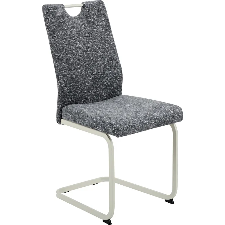 Hela Tische, Freischwinger, Küchenstuhl Tivoli, Bezug Webstoff Grau Boucleòptik, Vierkant-Gestell Perlweiß, ergonomische Lehne mit Griff, 140kg belastbar