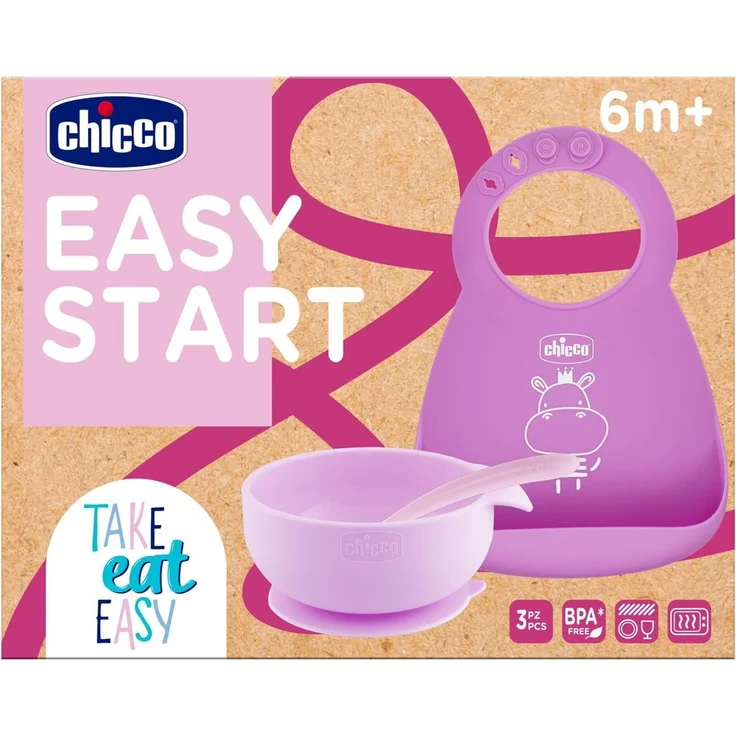 Chicco Silikon Baby Ernährungsset rutschfest, 3-teiliges Weaning Set mit steifem Easy Roll Lätzchen, Easy Bowl Teller und Löffel, 6M+, rosa, BPA frei