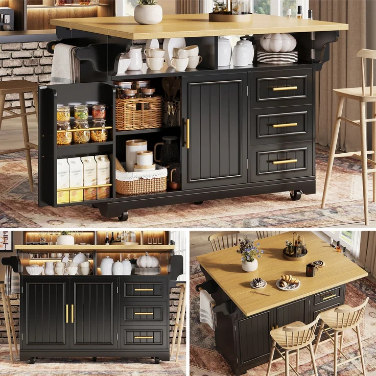 Abrihome Multifunktionale Kücheninsel Küchenbuffet Sideboard, Schwarz, auf Rollen, Esstisch-Erweiterung – Bild 1