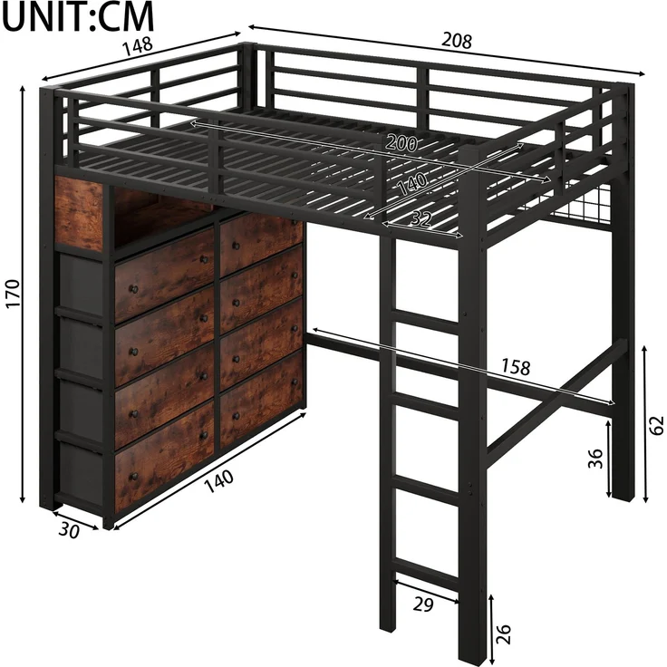 U-life Metall-Hochbett 140x200 cm mit 8 Schubladen, LED-Beleuchtung, Regalen, Lochwand und Lattenrost, Schwarz – Bild 10