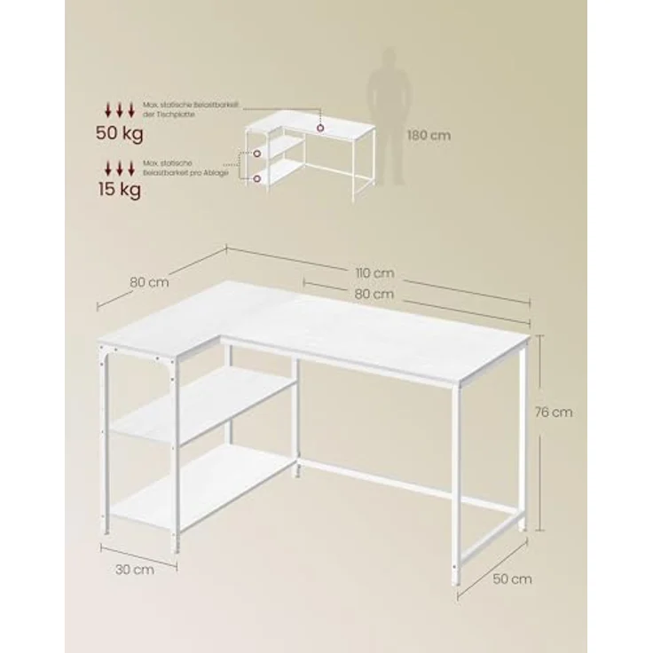 VASAGLE Eckschreibtisch in L-Form, Computertisch mit Stauraum, Bürotisch, höhenverstellbare Ablage, für Homeoffice, 110x80 cm, ahornweiß LWD135WF01 – Bild 4