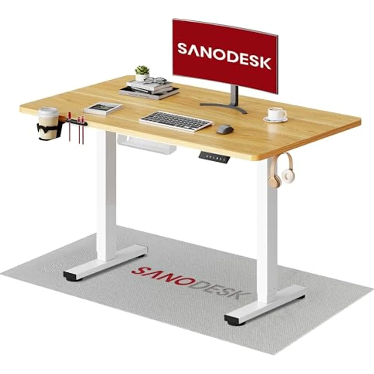 SANODESK Höhenverstellbarer Schreibtisch mit VOLLSTÄNDIGER TISCHPLATTE, 4 Zubehörteilen (Becherhalter, Haken, Aufbewahrungsbox, Kabelmanagement), ergonomisch für Büro und Homeoffice, Ahorn, 110x54 cm – Bild 2